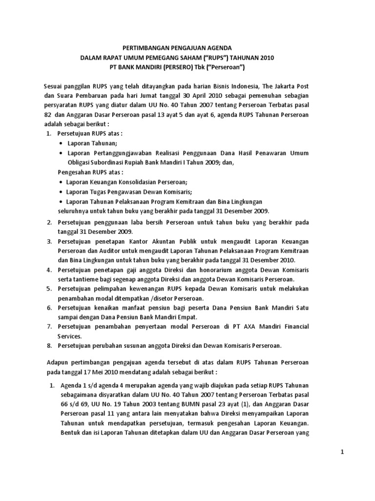 Agenda RUPS Tahunan Bank Mandiri 2010 | PDF | Pengelolaan Keuangan & Uang