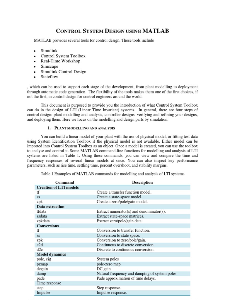 Introduction to Control System Design Using MATLAB Tools for Modelling ...