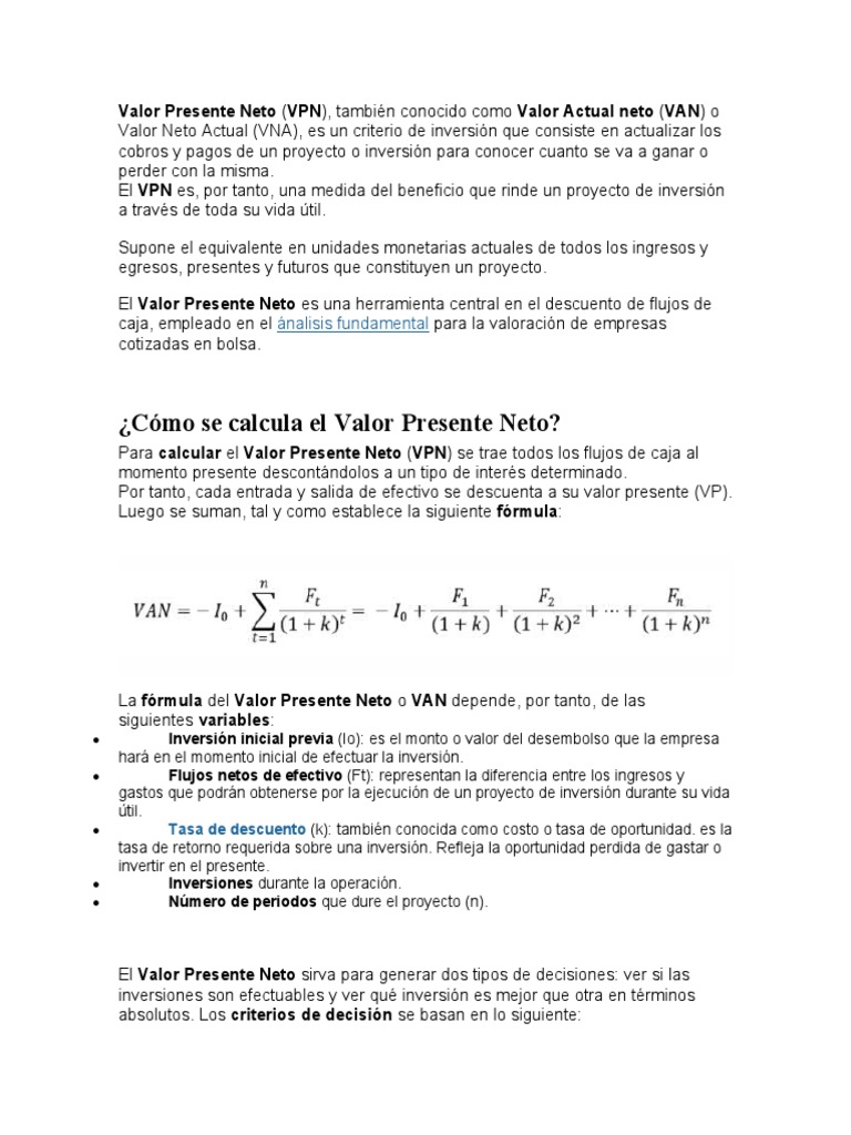 Cálculo y Aplicaciones del Valor Presente Neto | PDF | Tasa interna de ...