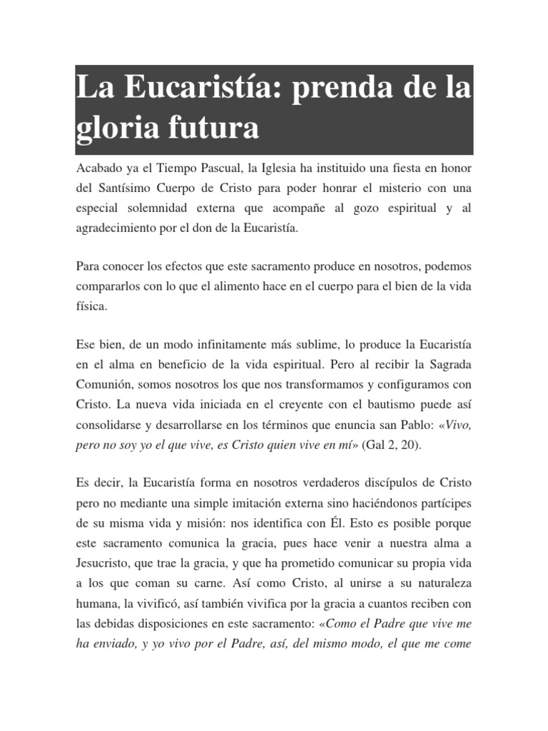 La Eucaristía Prenda de La Gloria PDF eucaristía Cristo (título)