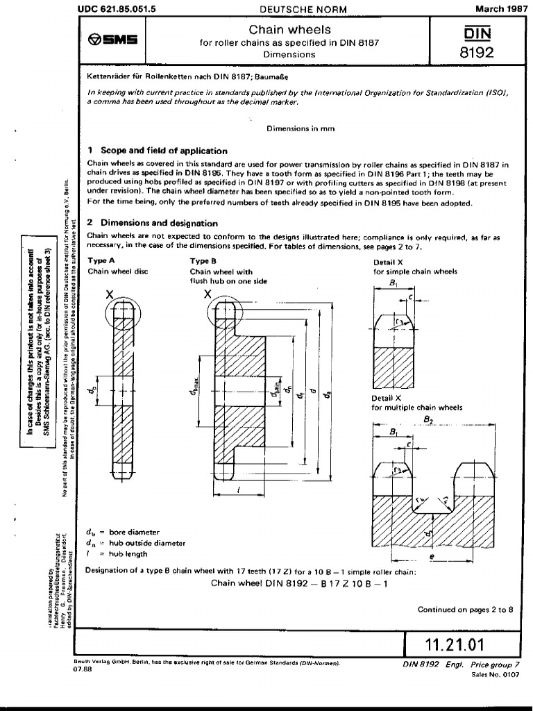 DIN 81921987, Chain Wheels For Roller Chains As Specified in DIN 8187