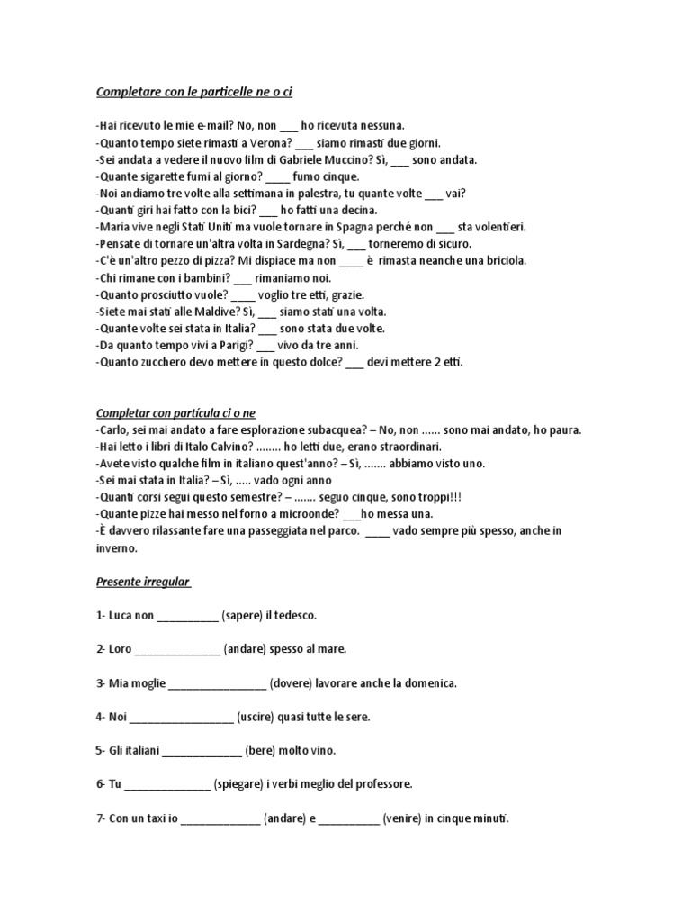 Completare Con Le Particelle Ne o Ci | PDF