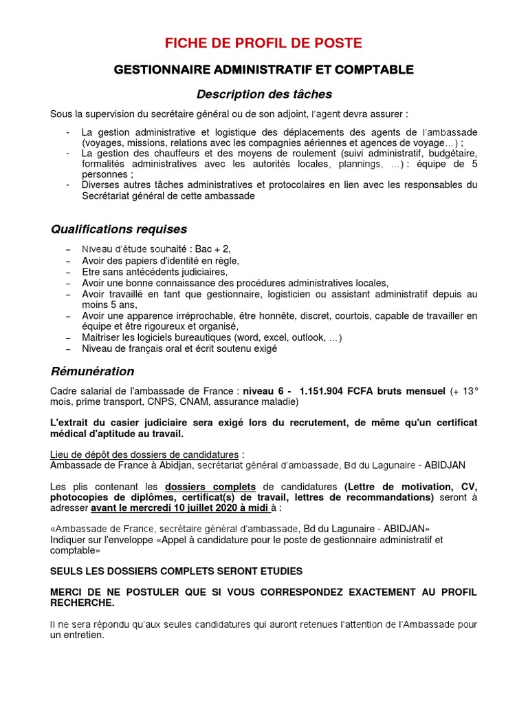 Fiche de poste : Gestionnaire administratif | PDF