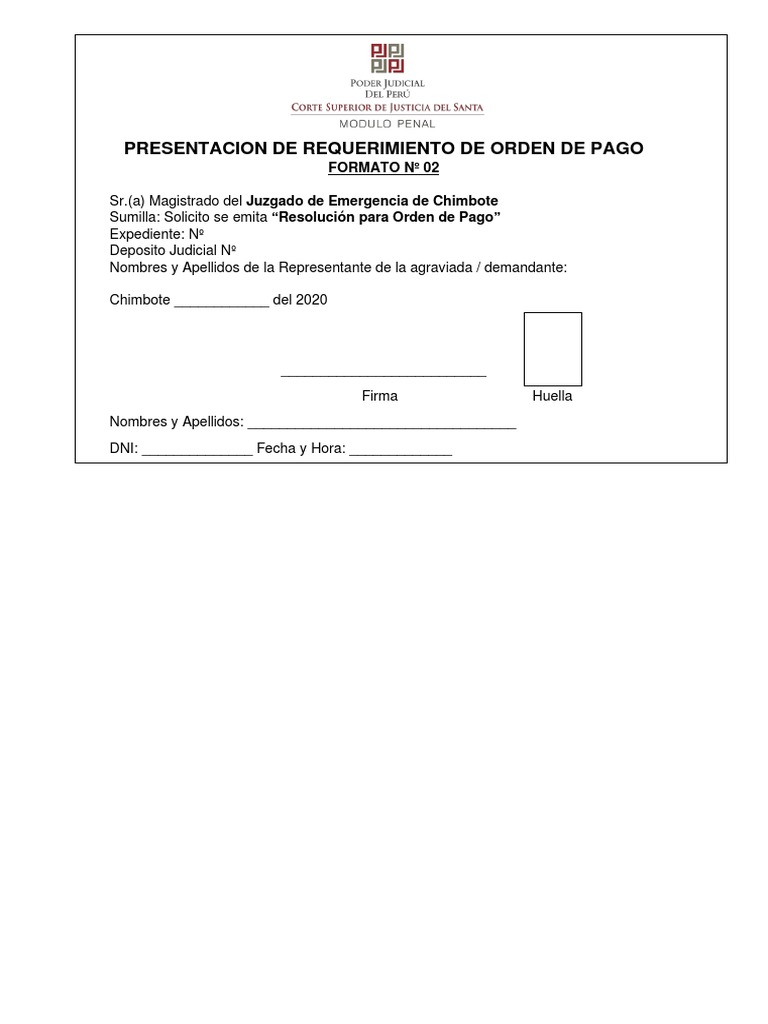 Formato de Requerimiento de Orden de Pago | PDF | Derecho | Finanzas y ...