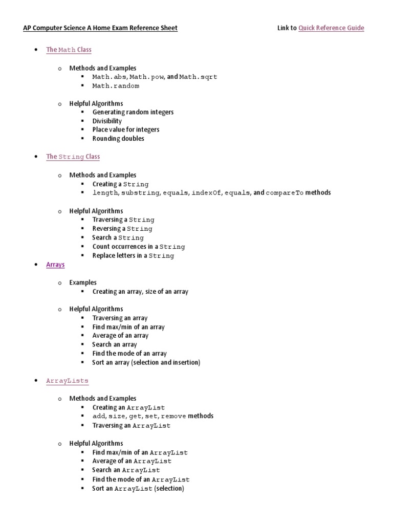 Quick Reference Guide The Math Class: AP Computer Science A Home Exam ...