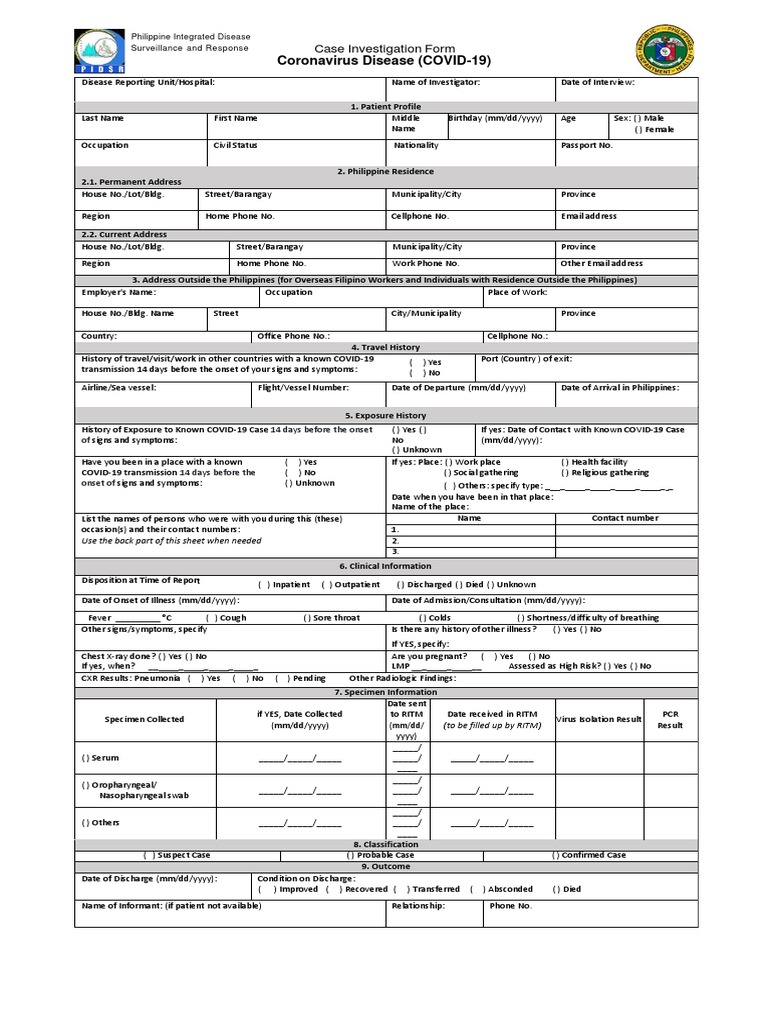 Coronavirus Disease (COVID-19) : Case Investigation Form | PDF 