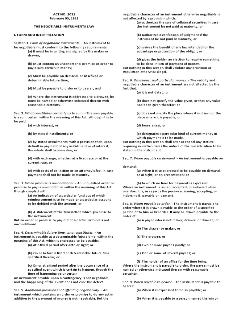The Negotiable Instrument Law (Codal) | PDF | Law Of Agency | Legal ...