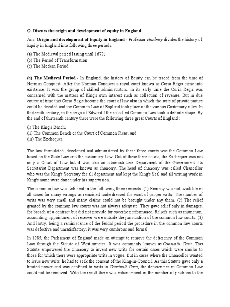 Origin and Development of Equity in England PDF Equity (Law