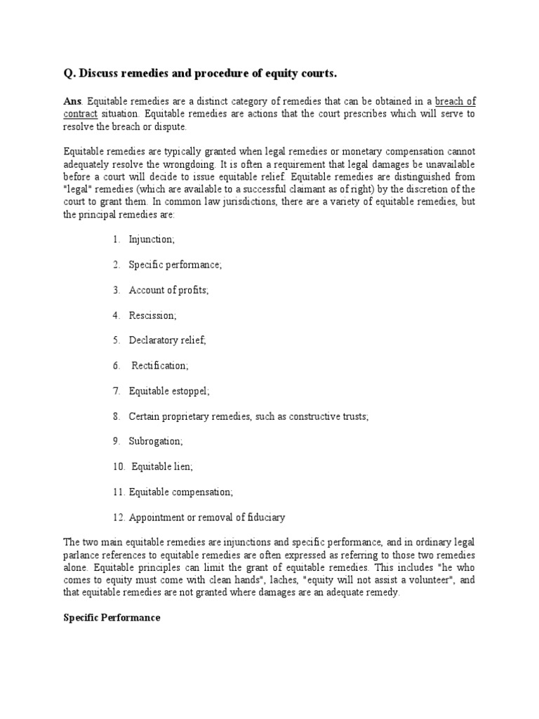 Q. Discuss Remedies and Procedure of Equity Courts PDF Equitable