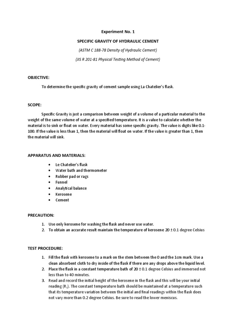 Experiment No. 1 Specific Gravity of Hydraulic Cement | PDF | Quantity ...