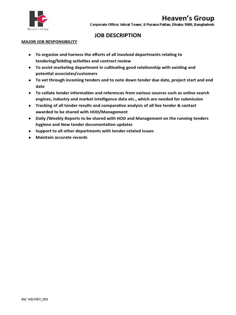 Job Description Tender Executive PDF