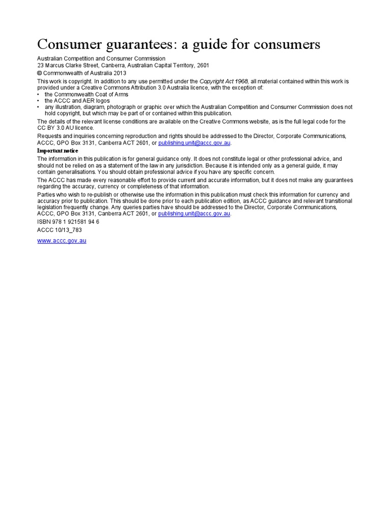 Consumer Guarantees A Guide For Consumers PDF Guarantee Damages
