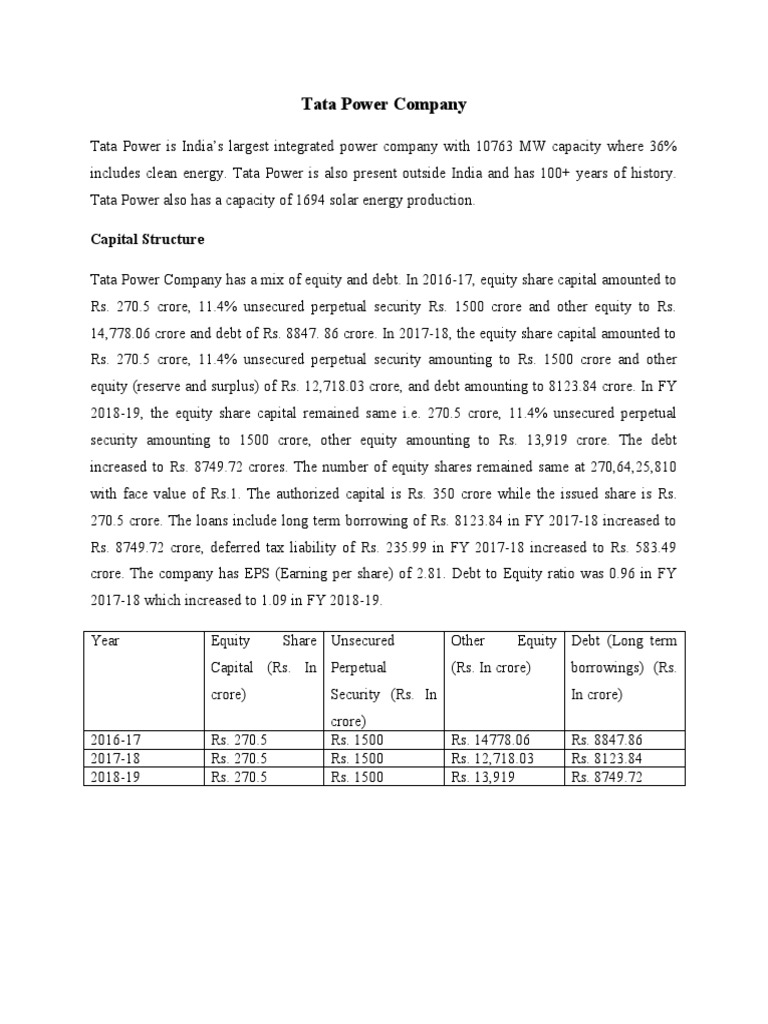 Tata Power Company Capital Structure PDF Unsecured Debt Equity (Finance)