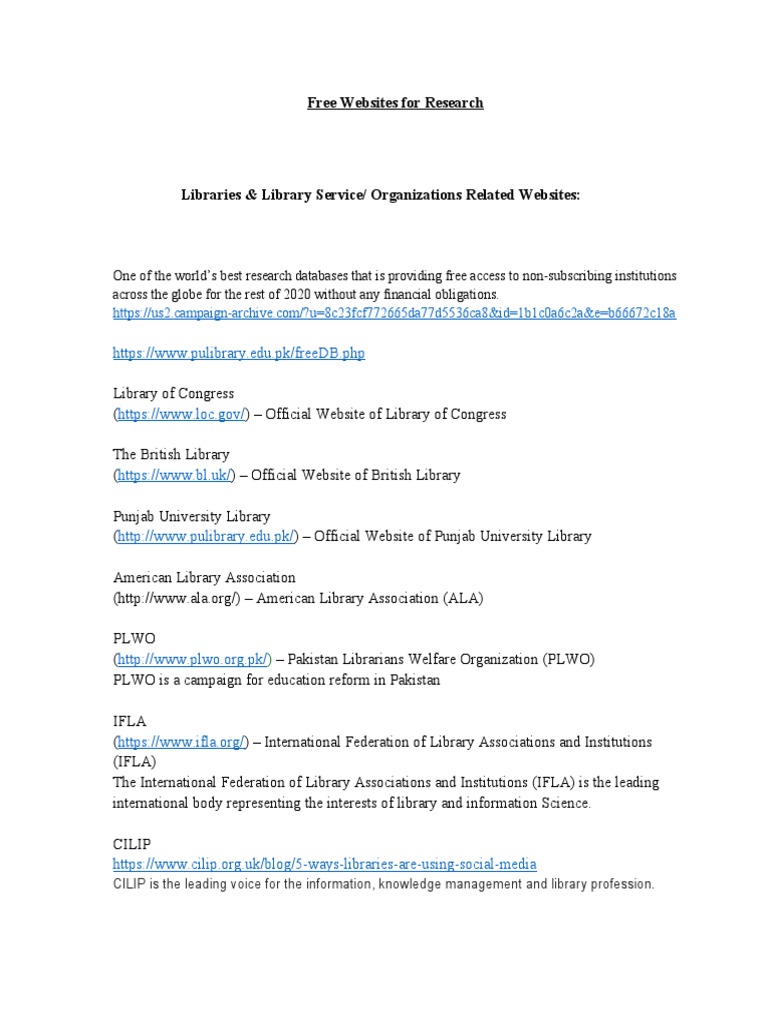 Research Websites and Free Resources | PDF | Open Access | Digital Library