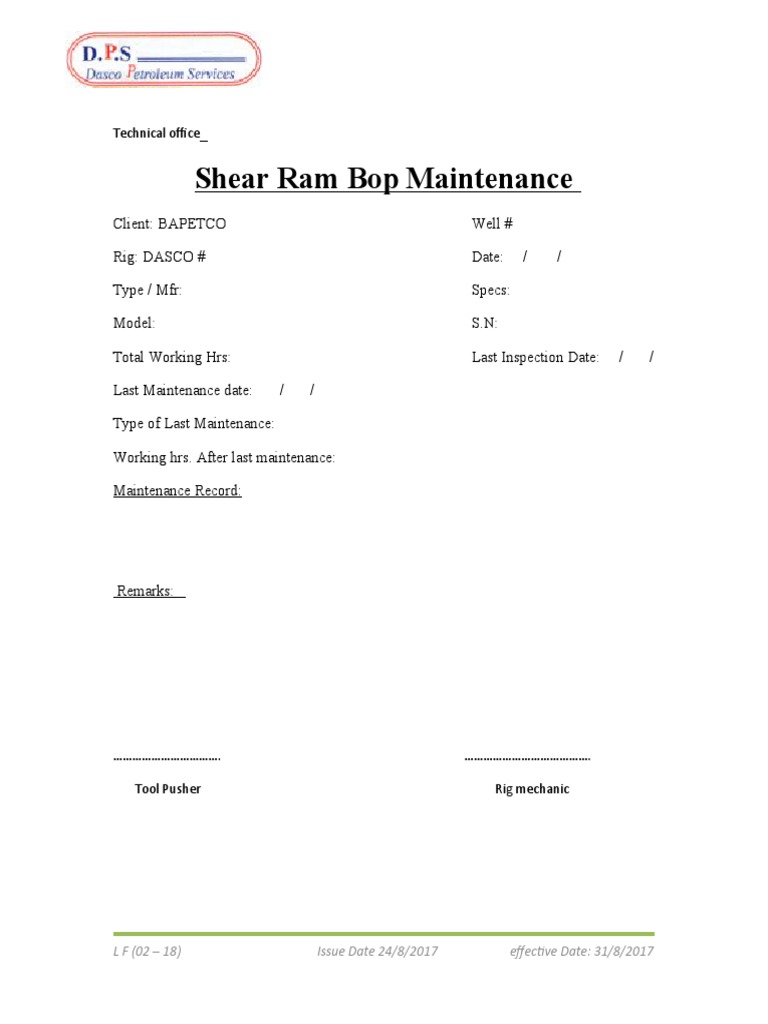 Shear Ram BOP Maintenance Record | PDF | Technology & Engineering