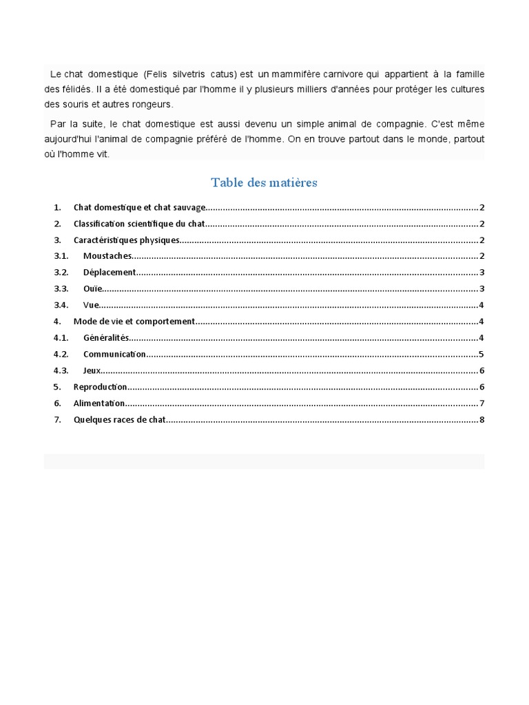 Expose Sur Le Chat Pdf Chats Domestication