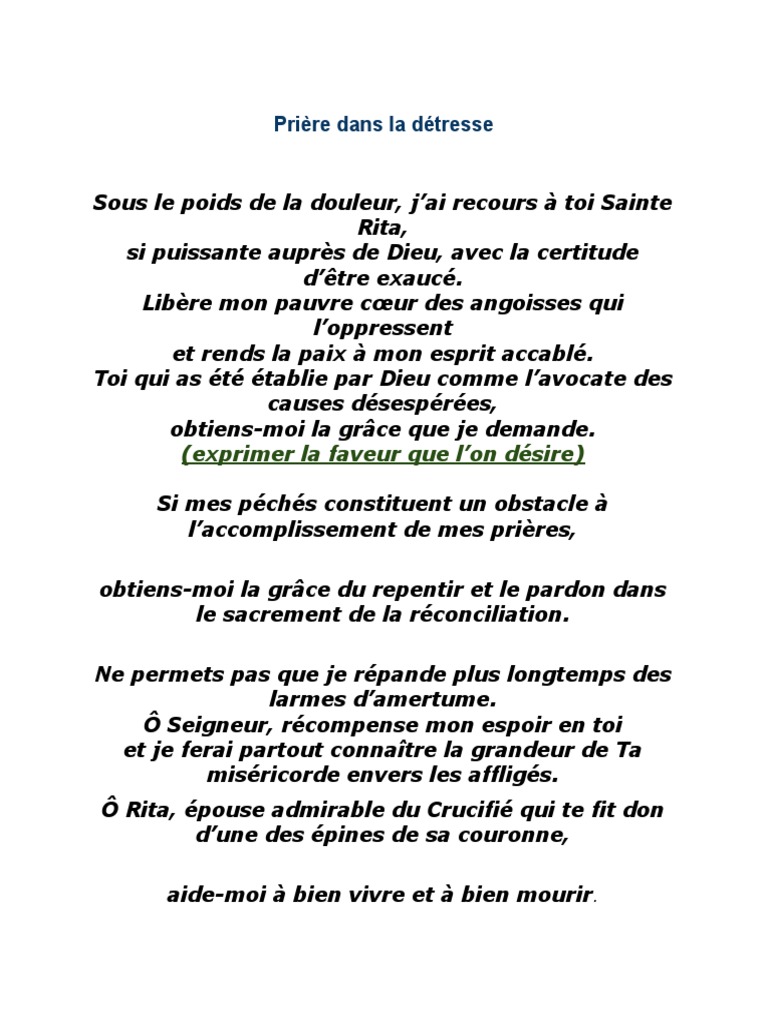 Prière à Sainte Rita Dans La Détresse