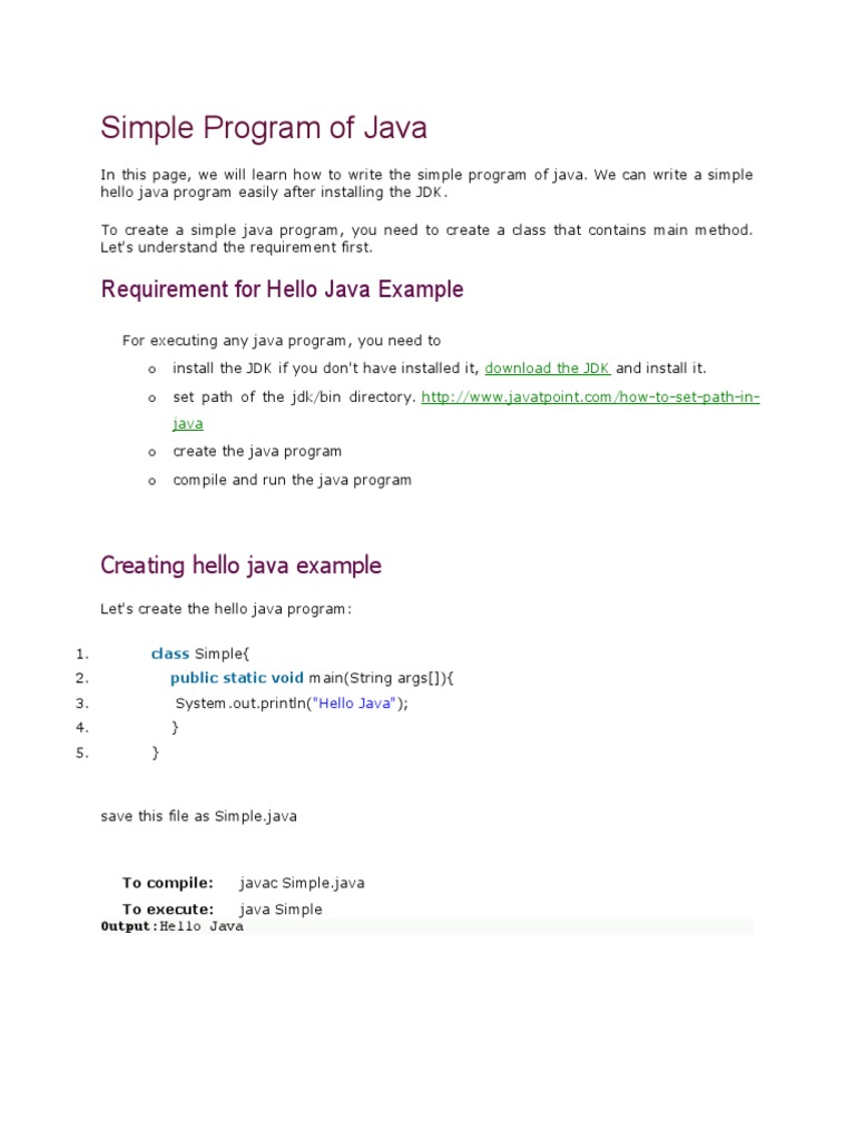 Simple Program of Java Requirement For Hello Java Example PDF Matrix (Mathematics) Java
