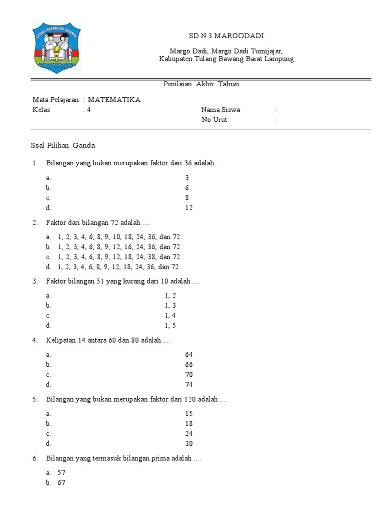 Soal UAS Matematika Kelas 4 Semester 2 | PDF | Metode & Bahan Ajar