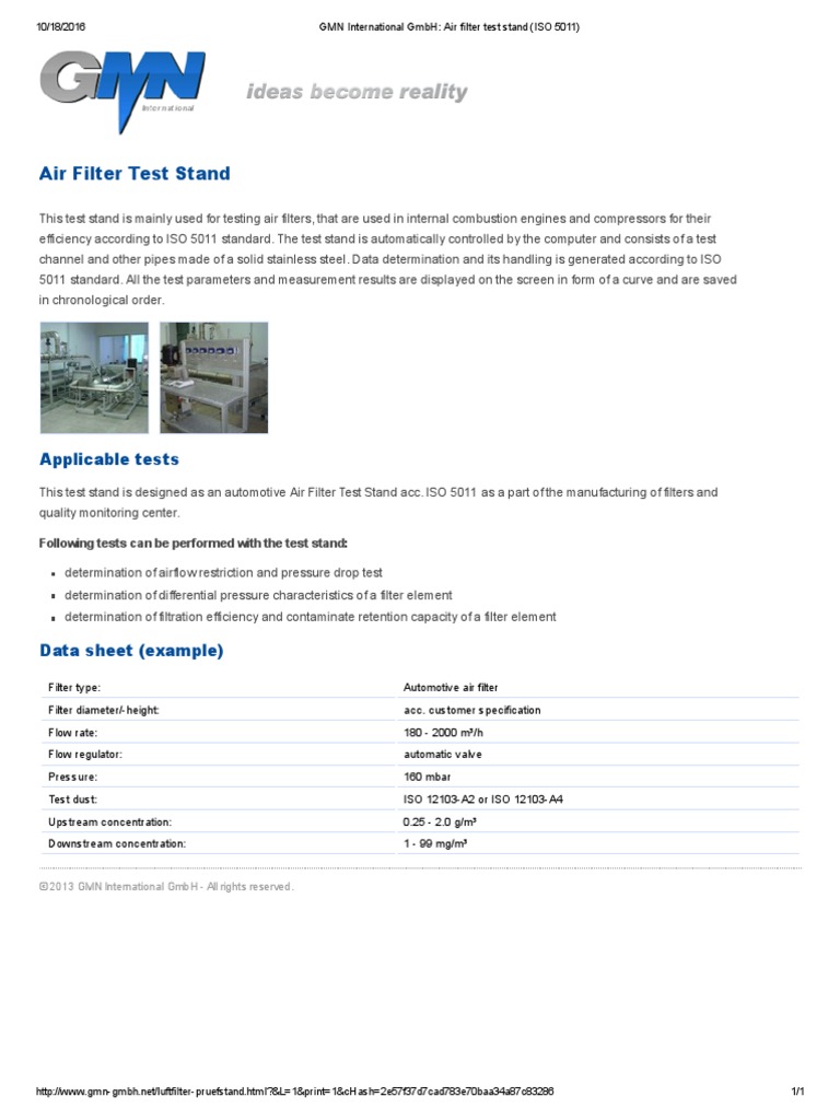 GMN International GMBH - Air Filter Test Stand (ISO 5011) | PDF