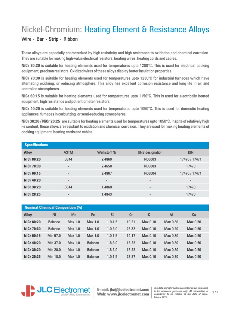 NickelChromium Heating Element & Resistance Alloys PDF Resistor
