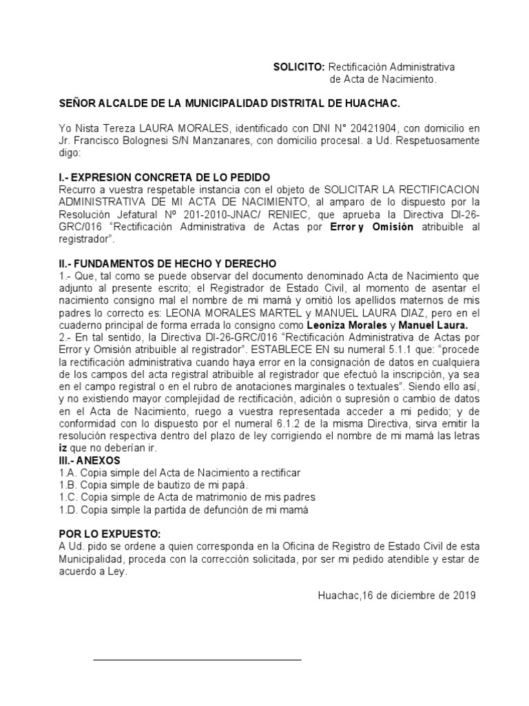 Total 98+ imagen modelo de solicitud de rectificación de partida de nacimiento reniec