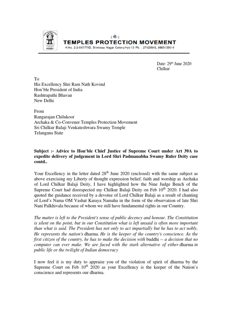 Letter to the President on Dharma Rights | PDF | Vaishnavism | Vedas
