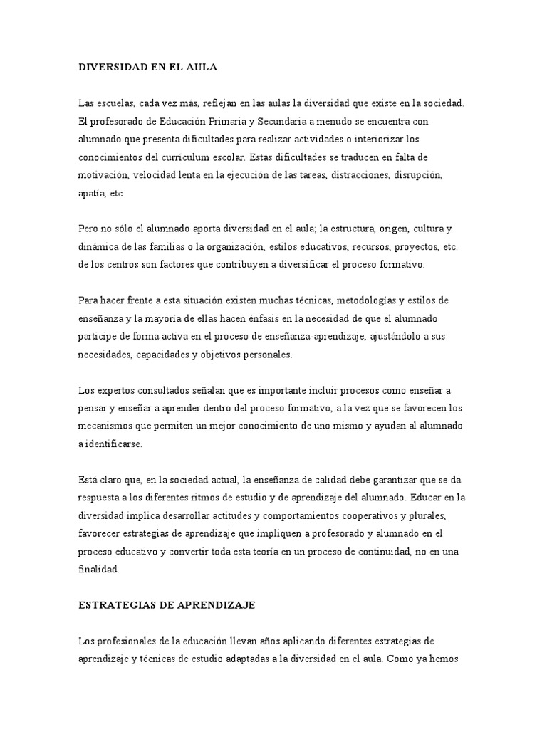 Diversidad y Estrategias en el Aula | PDF | Aprendizaje | Inclusión ...