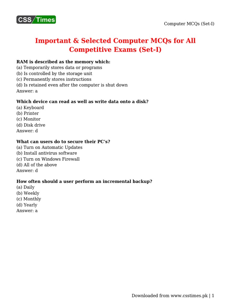 Computer MCQs (SetI) PDF Firewall Computer Network