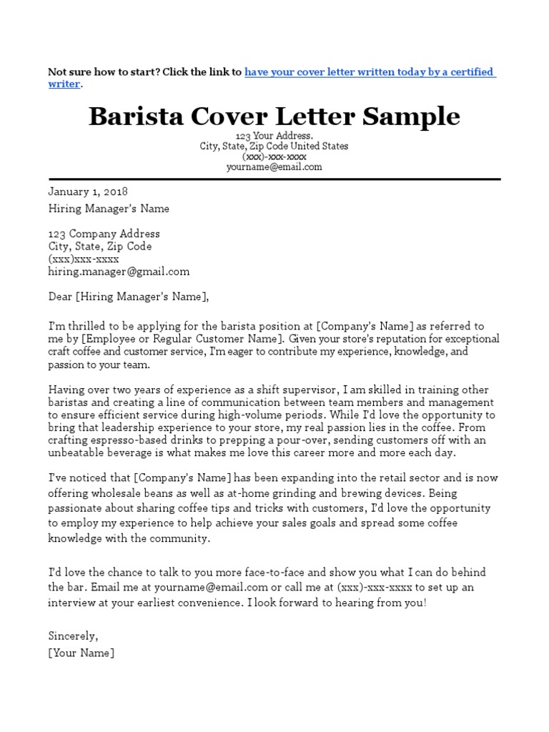 Barista Cover Letter Sample Msword Download Pdf Resume Coffee