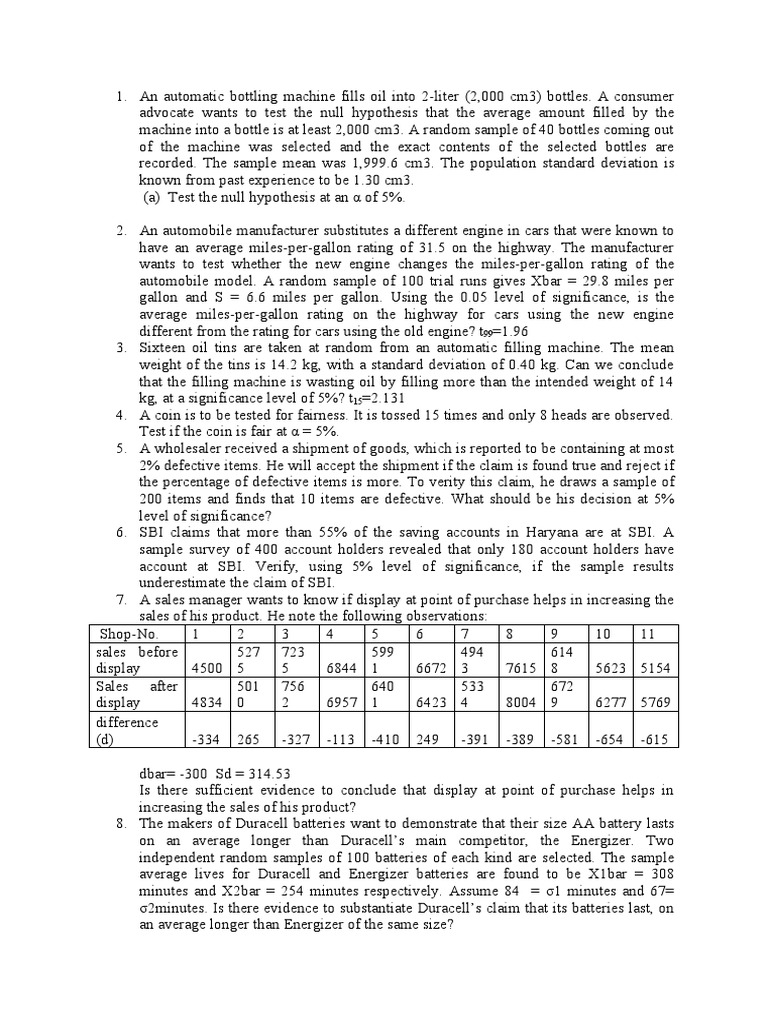 Excercise On T and Z Tests | PDF | Null Hypothesis | Statistical ...