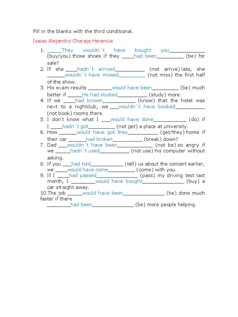 Third Conditional Fill-in Exercises | PDF | Games & Activities ...