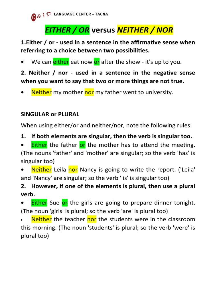 Grammar Guide: Either/Or & Neither/Nor | PDF | Language Arts & Discipline |  Foreign Language Studies
