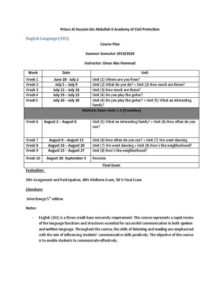 English 101 Course Plan - Summer 2020 | PDF