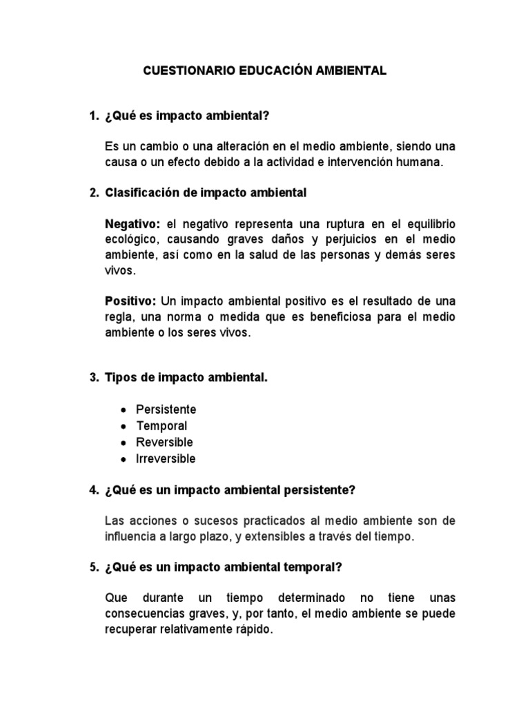Cuestionario Educación Ambiental | PDF | Ecosistema | Entorno natural