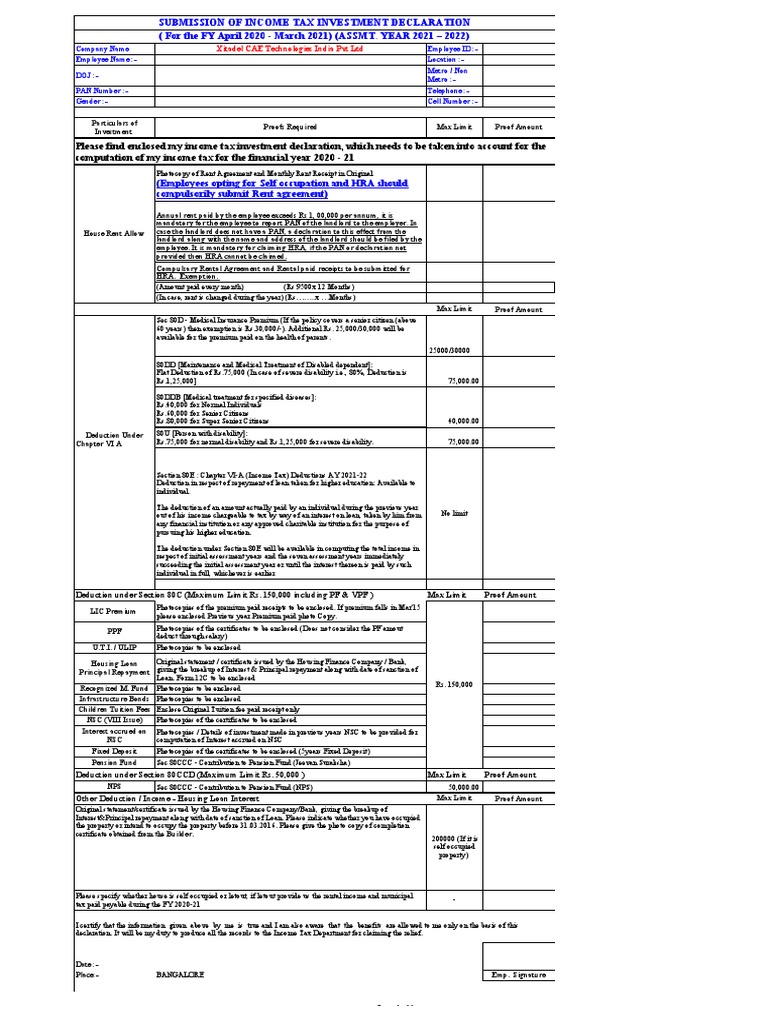 Income Tax Investment Declaration Form | PDF | Loans | Tax Deduction