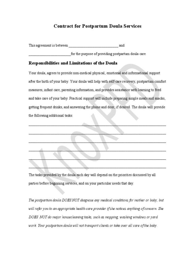 Printable Doula Contract Template