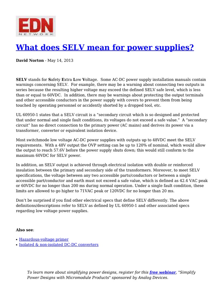 What Does SELV Mean For Power Supplies? David Norton May 14, 2013 PDF