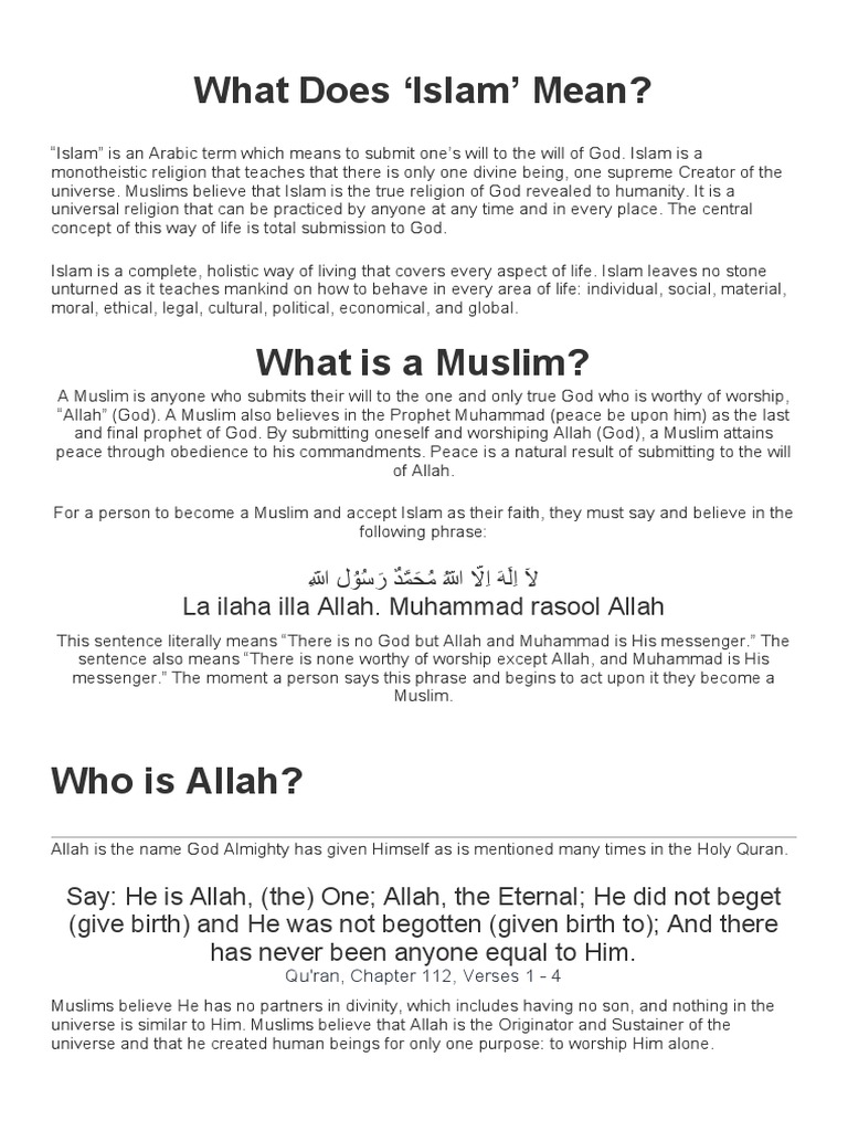 What Does Islam' Mean? Qu'ran, Chapter 112, Verses 1 4 PDF