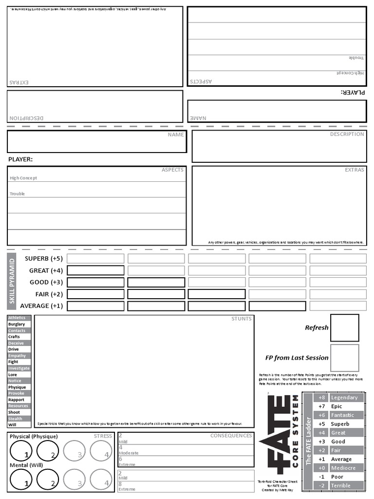 TentFold Character Sheet for FATE Core PDF Leisure Sports