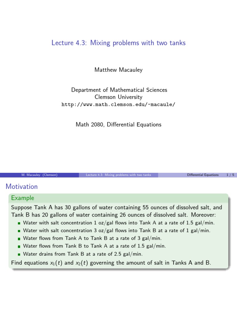 Mixing Problems in Differential Equations | PDF | Ordinary Differential ...