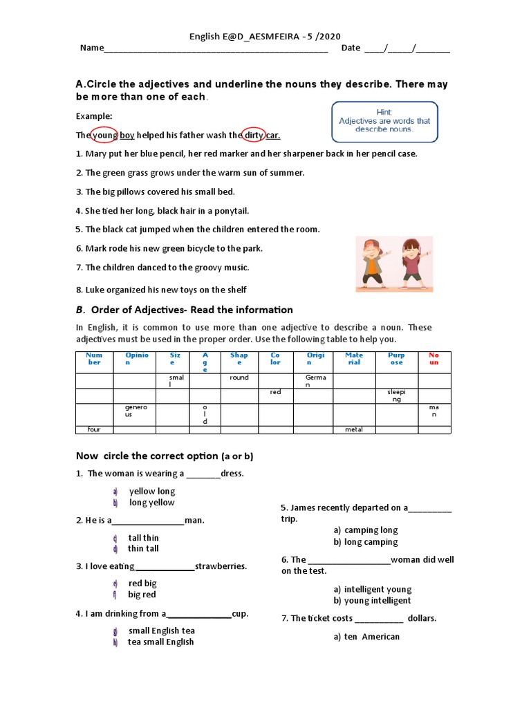 Adjective and Noun Worksheet | PDF | Linguistic Morphology | Syntax