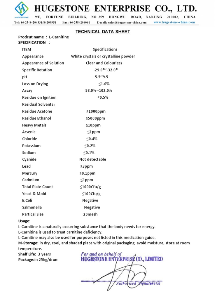 L-Carnitine Technical Data Sheet | PDF