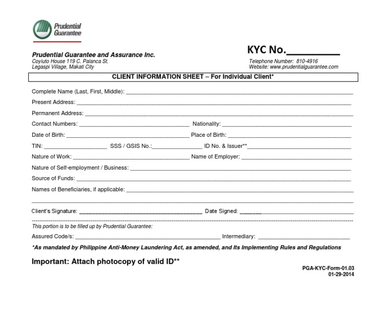 Prudential KYC Client Information Sheet | PDF | Government Information ...