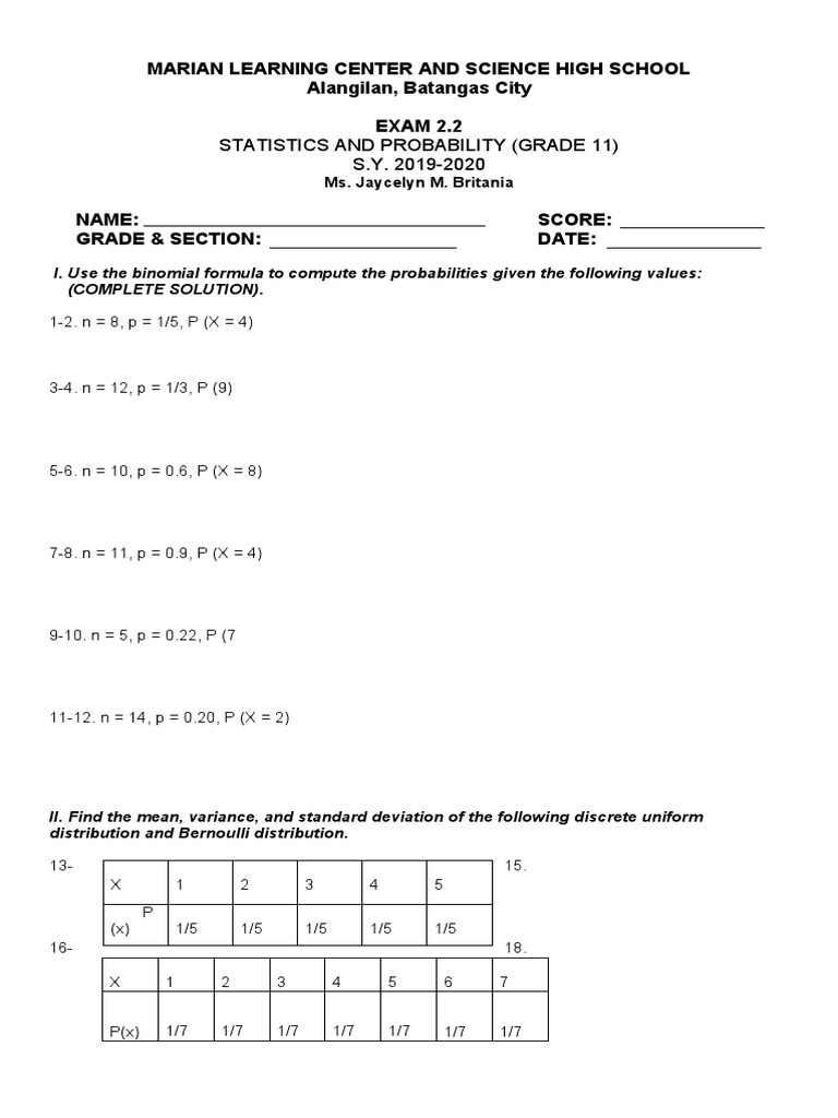 Statistics and Probability (Grade 11) S.Y. 20192020 PDF