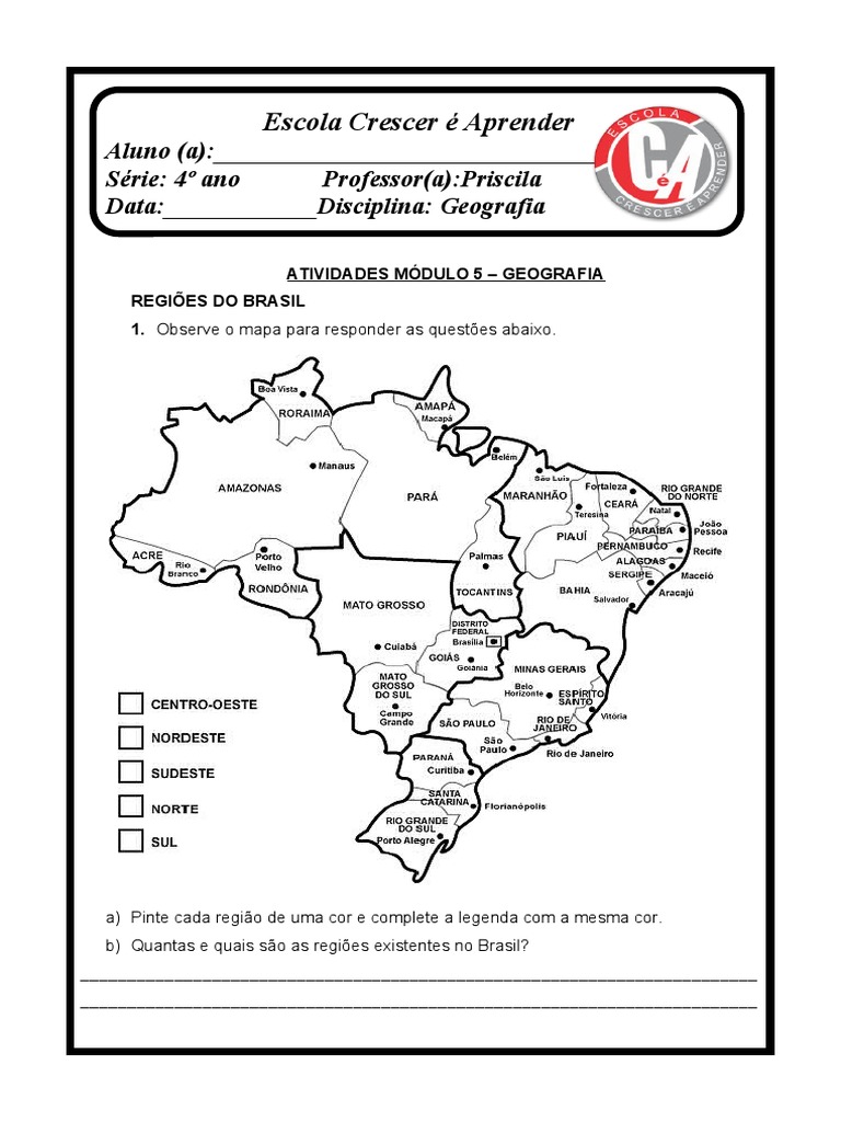 ATIVIDADES de GEOGRAFIA REGIÕES DO BRASIL 4º Ano 2020 | PDF | Brasil