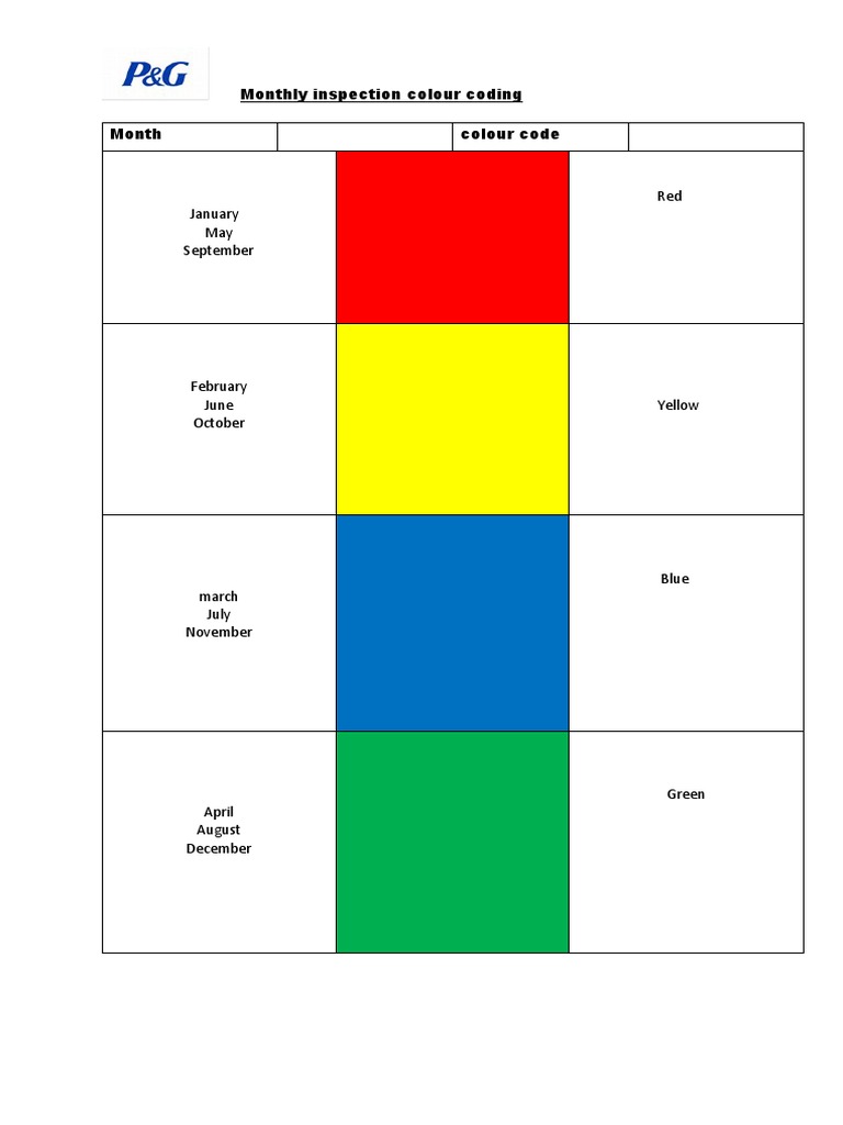 Monthly Color Code Inspection Chart