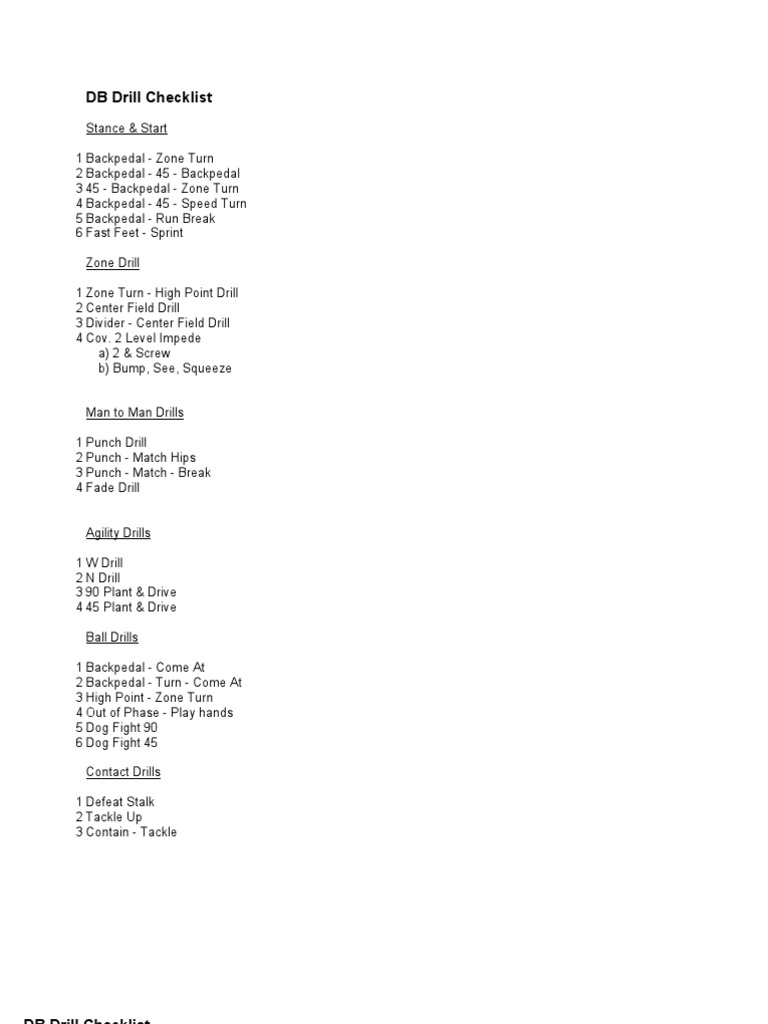 DB Drills Checklist for Defensive Backs | PDF | Sports | American Football