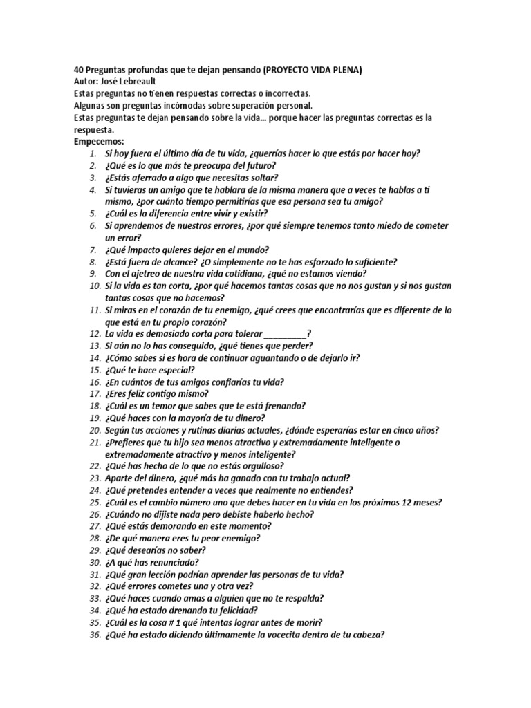 40 Preguntas Profundas Que Te Dejan Pensando. Por José Lebrault | PDF ...