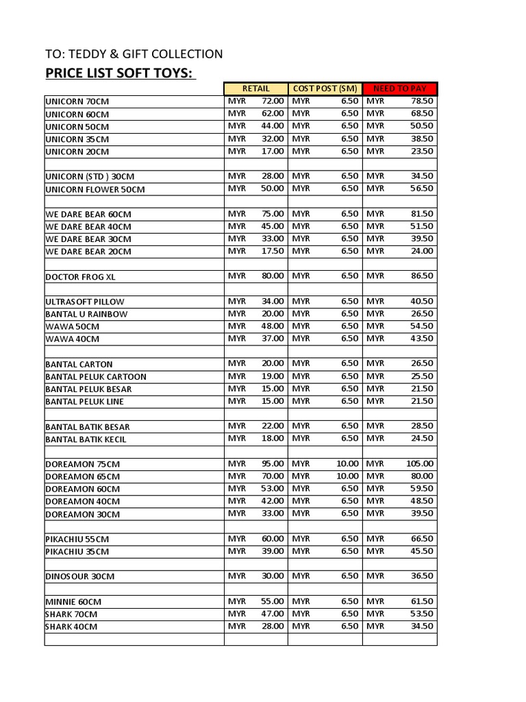 Soft Toys Price List - Teddy & Gift Collection | PDF | Cooking, Food ...